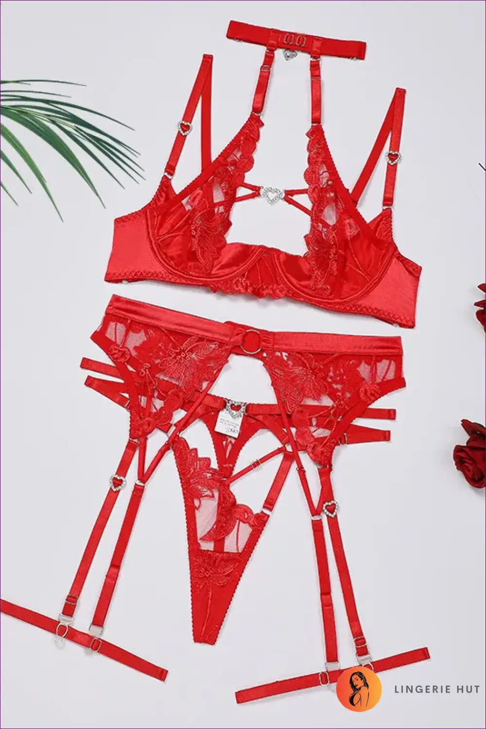 Lace Heart-ring Garter Lingerie Set - Soft Drama - Red / s - Boudoir • Bra • Choker • Date Night • Floral - Hut