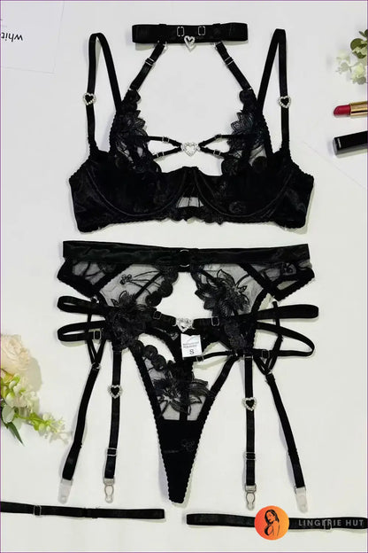 Lace Heart-ring Garter Lingerie Set - Soft Drama - Black / s - Boudoir • Bra • Choker • Date Night • Floral - Hut
