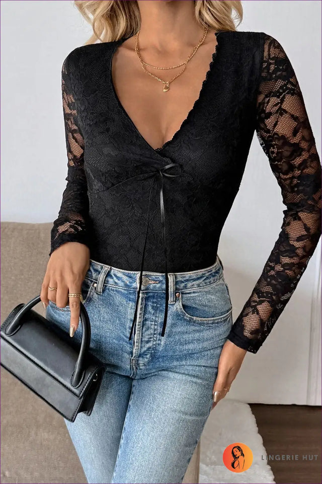 Lace Long Sleeve Top with Deep V Neck - Effortless Romance