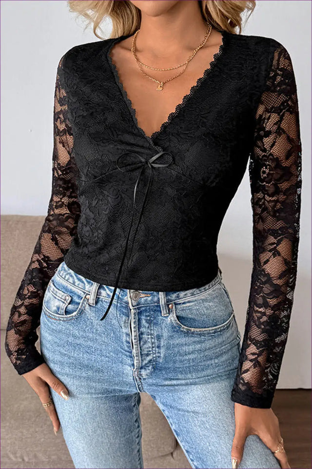 Lace Long Sleeve Top with Deep V Neck - Effortless Romance