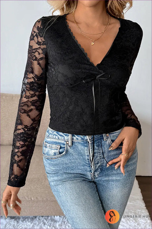 Lace Long Sleeve Top with Deep V Neck - Effortless Romance