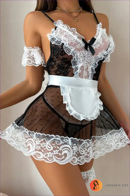 Lace Maid Costume with Sheer Polka Mesh Skirt - Bedroom Confidence for Babydoll, Boudoir, Costume, Date