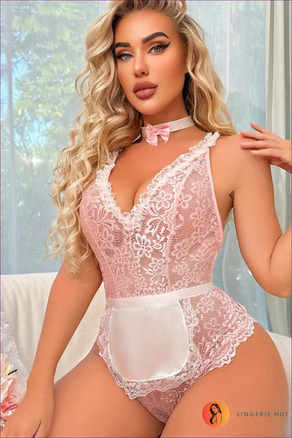 Lace Maid Costume Bodysuit - Playful Fantasy Unlocked - s / Pink - Lingerie Hut - Boudoir • Cutout • Floral