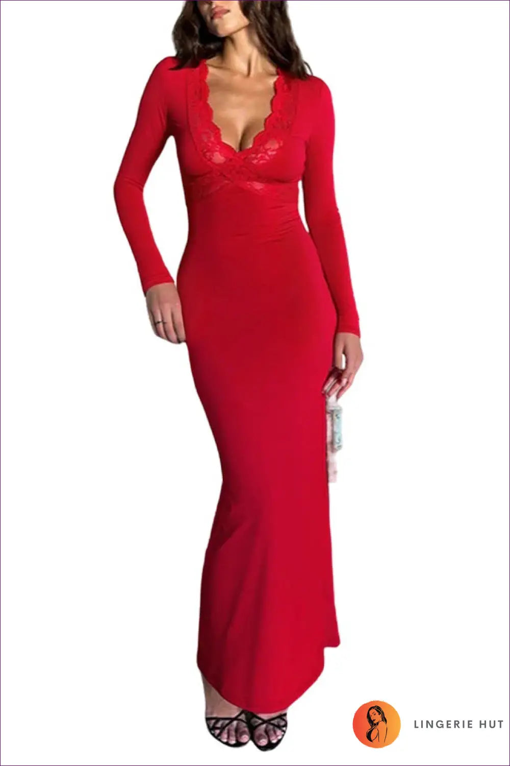 Lace Maxi Dress with Long Sleeves - Evening Glamour - s / Red - Dresses - Lingerie Hut - Autumn • Bodycon • Cutout