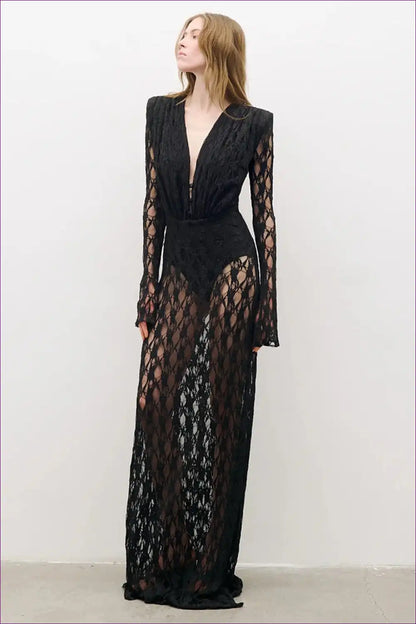 Lace Maxi Dress with Sheer Long Sleeves for Evening Events Dresses, Evening Wear, Formal Glamour,
