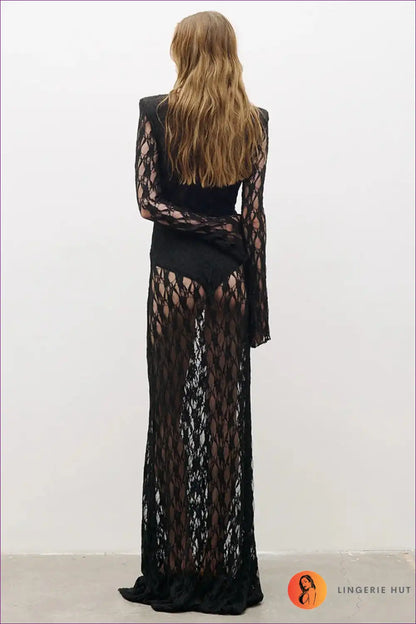 Lace Maxi Dress with Sheer Long Sleeves for Evening Events Dresses, Evening Wear, Formal Glamour,