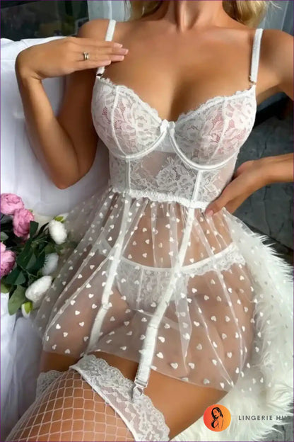 Lace Mesh Mini Babydoll with Garter - Anniversary Lingerie Set for Babydoll, Boudoir, Date Night, Garter,