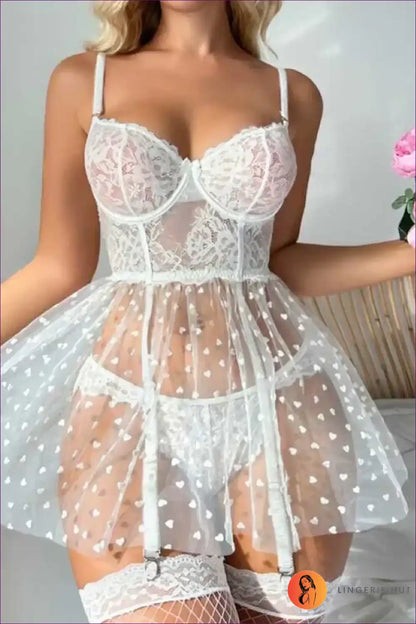 Lace Mesh Mini Babydoll with Garter - Anniversary Lingerie Set for Babydoll, Boudoir, Date Night, Garter,