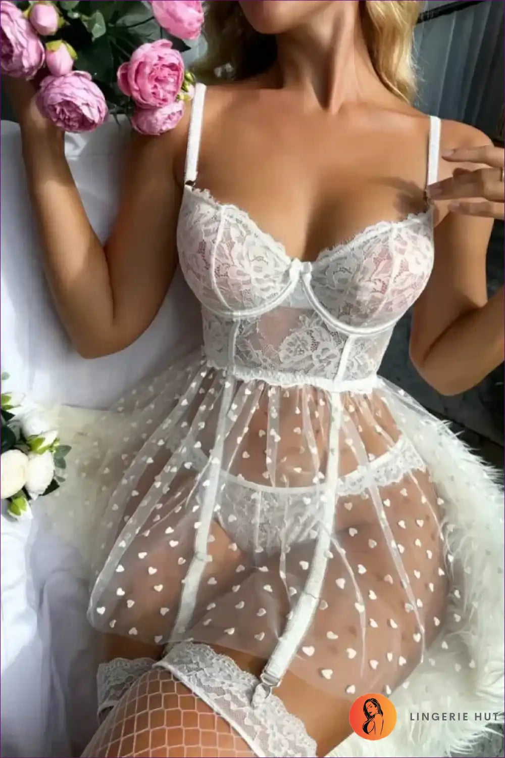 Lace Mesh Mini Babydoll with Garter - Anniversary Lingerie Set for Babydoll, Boudoir, Date Night, Garter,