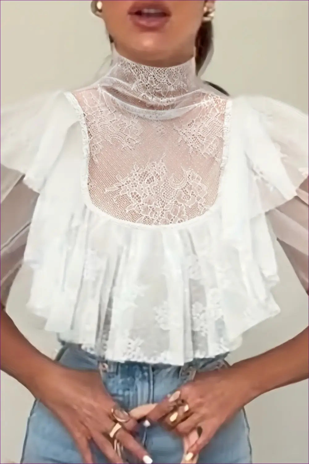 Lace Mesh Turtleneck Crop Top with Ruffle Sleeves - Modern Romance - Lingerie Hut - Cutout • Evening Wear • Everyday