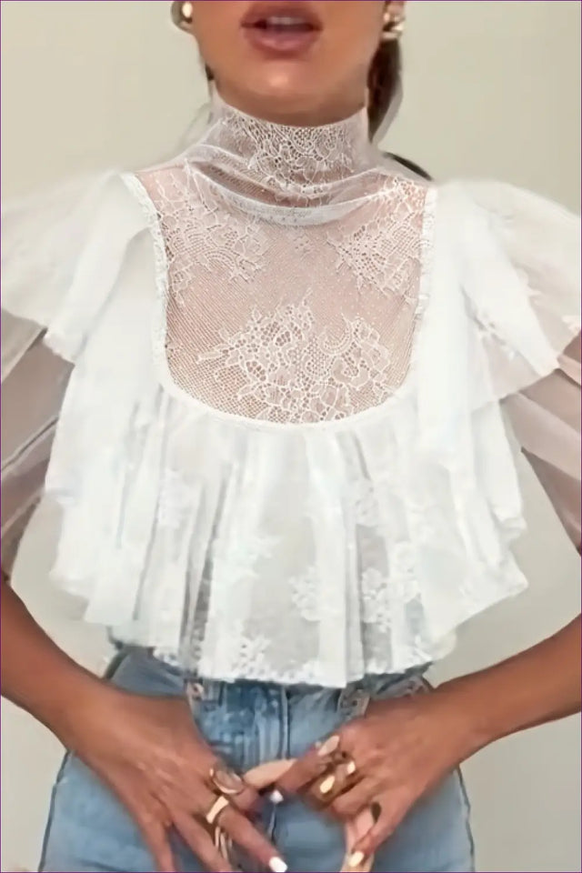 Lace Mesh Turtleneck Crop Top with Ruffle Sleeves - Modern Romance
