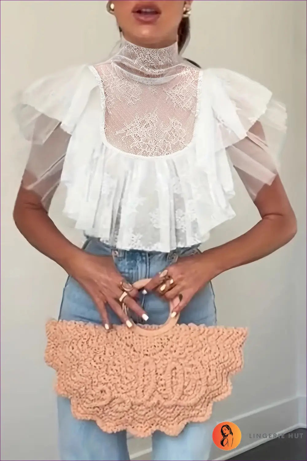 Lace Mesh Turtleneck Crop Top with Ruffle Sleeves - Modern Romance - s / White - Lingerie Hut - Cutout • Evening Wear