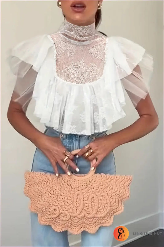 Lace Mesh Turtleneck Crop Top with Ruffle Sleeves - Modern Romance - s / White - Lingerie Hut - Cutout • Evening Wear