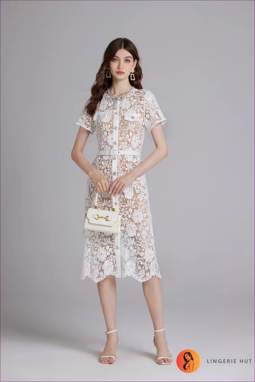 Lace Midi Dress with Belted Detail - Effortless Elegance - s / White - Dresses - Belted • Bodycon • Button Front • Date