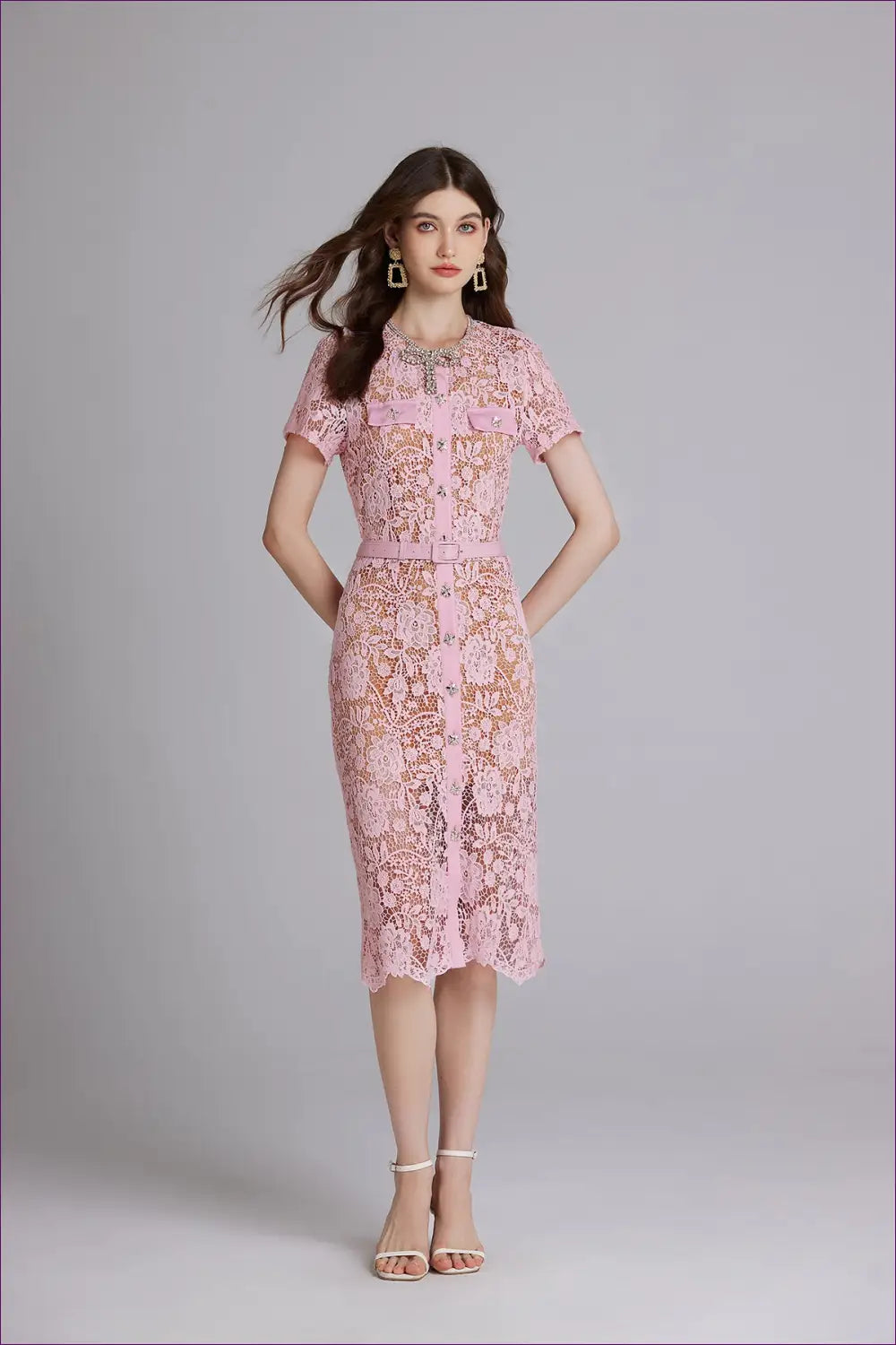 Lace Midi Dress with Belted Detail - Effortless Elegance - Dresses - Belted • Bodycon • Button Front • Date Night
