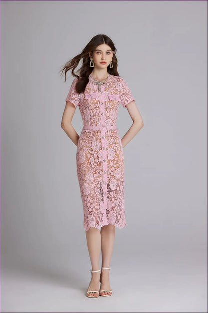 Lace Midi Dress with Belted Detail - Effortless Elegance - Dresses - Belted • Bodycon • Button Front • Date Night