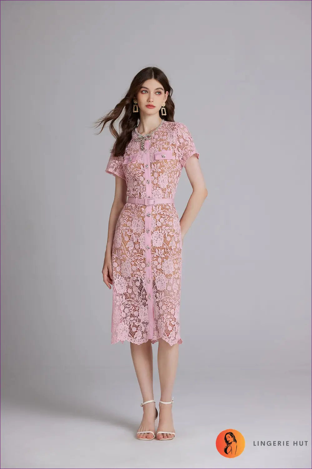 Lace Midi Dress with Belted Detail - Effortless Elegance - Dresses - Belted • Bodycon • Button Front • Date Night