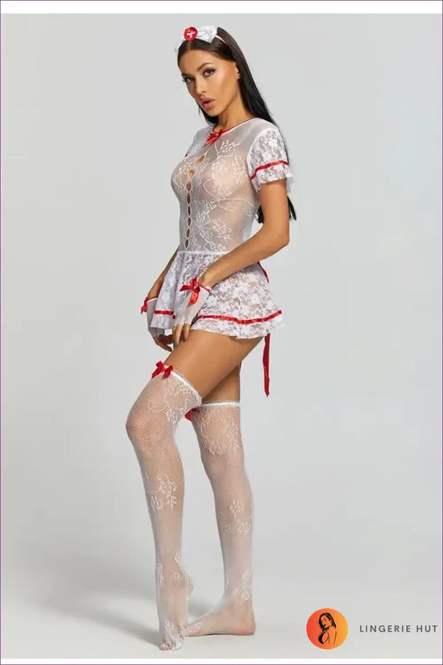 Lace Nurse Costume with Cut-Out Front - Statement Boudoir Chic