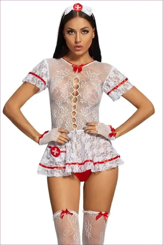 Lace Nurse Costume with Cut-Out Front - Statement Boudoir Chic