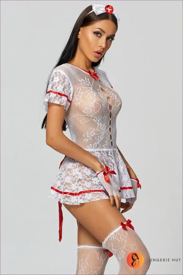 Lace Nurse Costume with Cut-Out Front - Statement Boudoir Chic