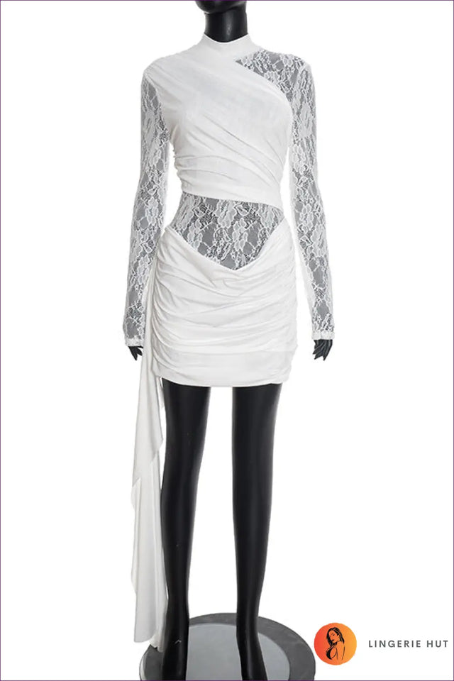 Lace Panel Bodycon Dress with Long Sleeves - Evening Wear