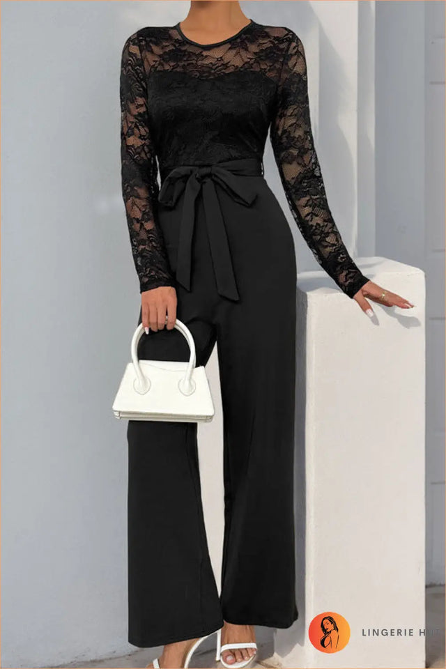 Lace Panel Jumpsuit with Tie Waist - Evening Glamour Redefined