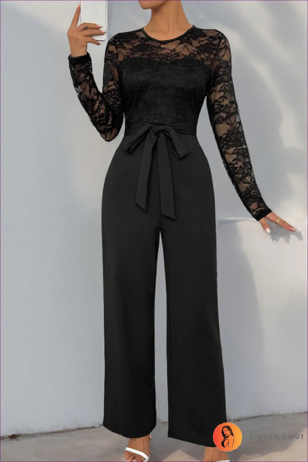 Lace Panel Jumpsuit with Tie Waist - Evening Glamour Redefined - One-pieces - Lingerie Hut - All Season • Date Night
