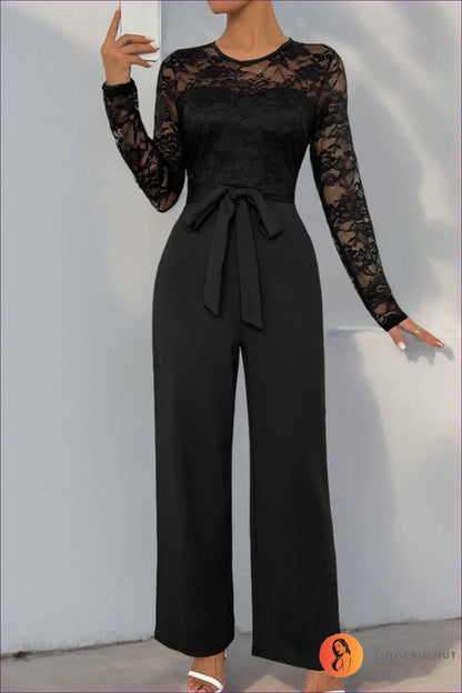 Lace Panel Jumpsuit with Tie Waist - Evening Glamour Redefined - One-pieces - Lingerie Hut - All Season • Date Night