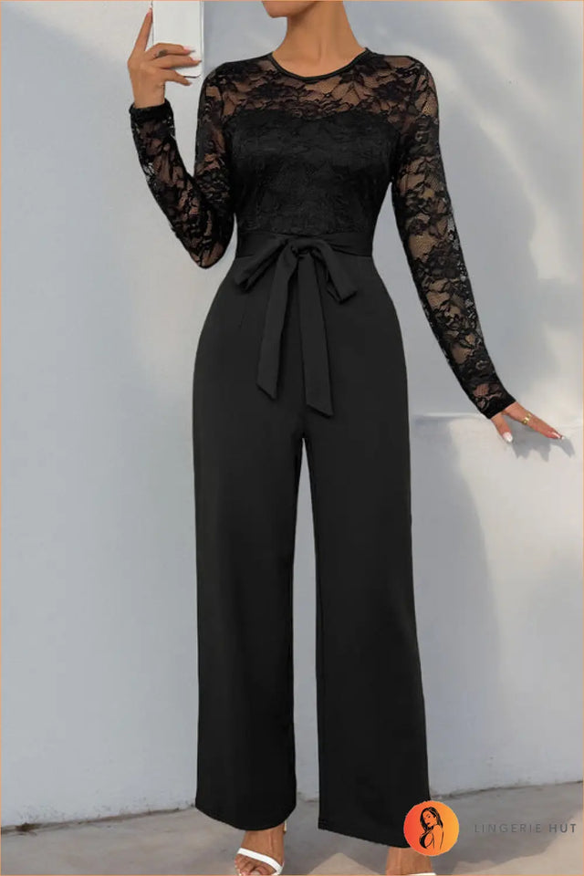 Lace Panel Jumpsuit with Tie Waist - Evening Glamour Redefined