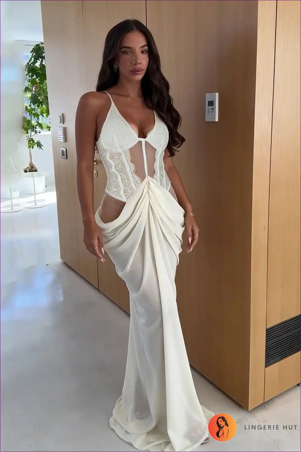 Lace Panel Maxi Dress with Draped Skirt - Ethereal Evening Confidence for Dress, Dresses, Evening Wear,