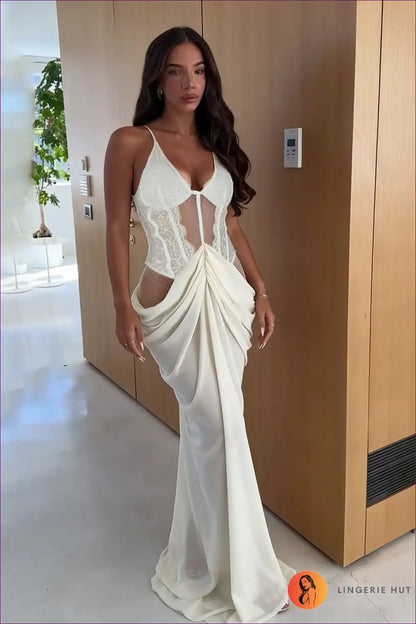 Lace Panel Maxi Dress with Draped Skirt - Ethereal Evening Confidence for Dress, Dresses, Evening Wear,