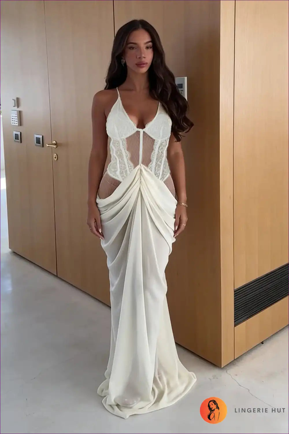 Lace Panel Maxi Dress with Draped Skirt - Ethereal Evening Confidence for Dress, Dresses, Evening Wear,