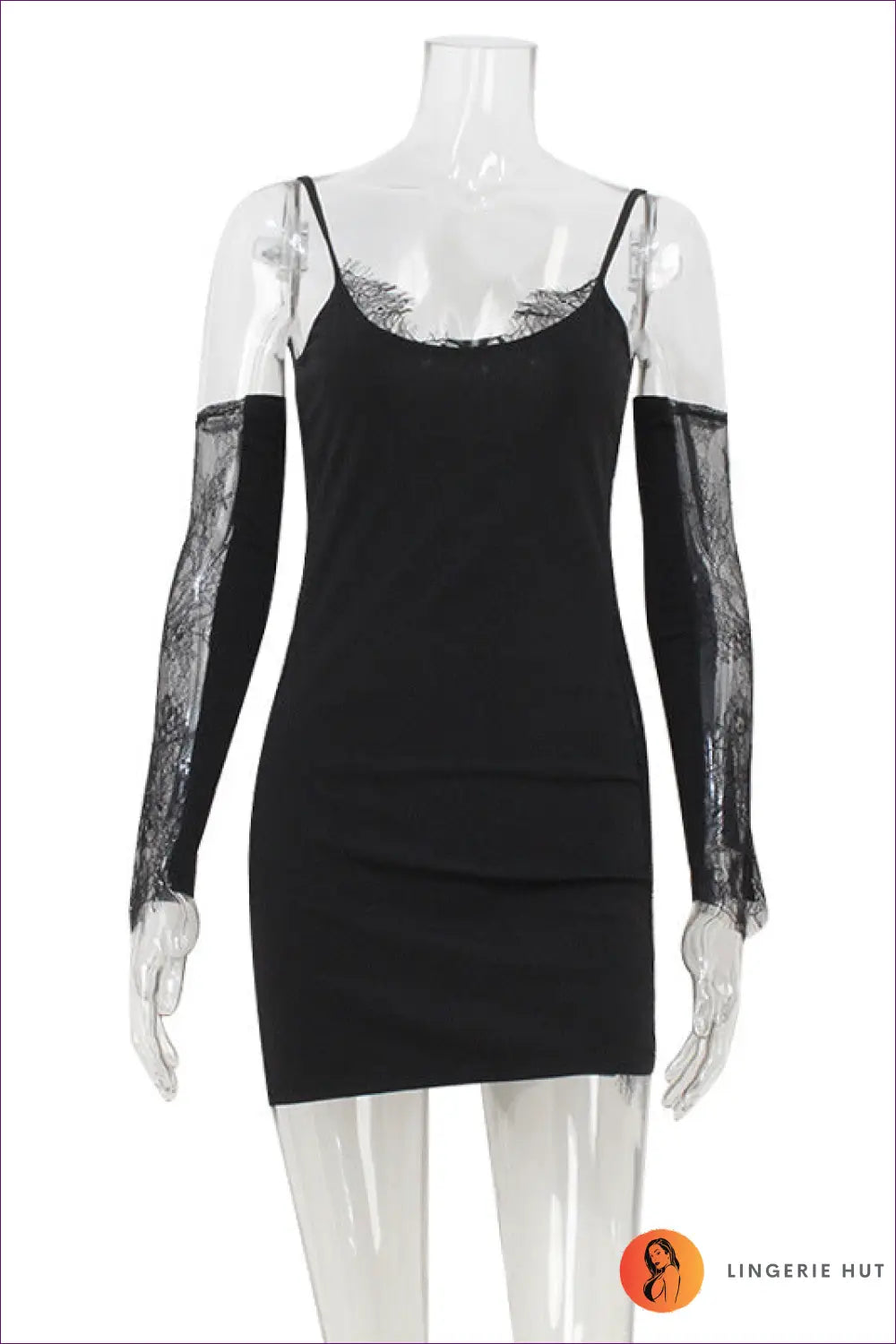 Lace Panel Mini Bodycon Dress - Worth a Second Look - s / Black [with Oversleeves] - Dresses - Lingerie Hut - Cutout