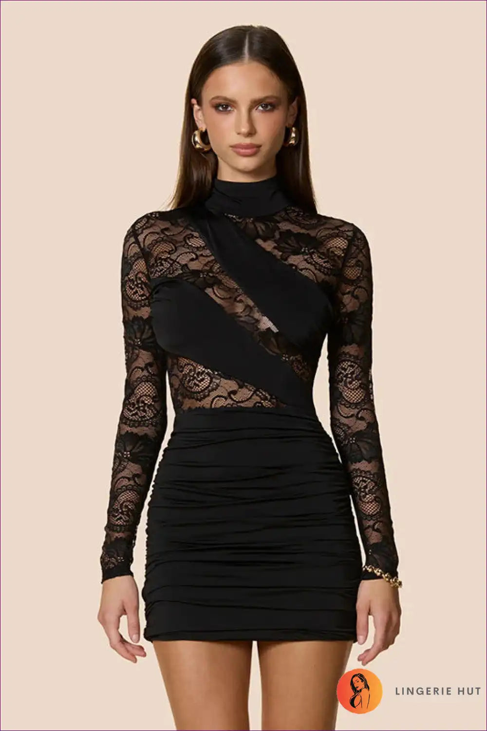 Lace Patchwork Mini Dress with Stand Collar and Ruched Detail for Date Night, Evening Wear, just In, Lace,