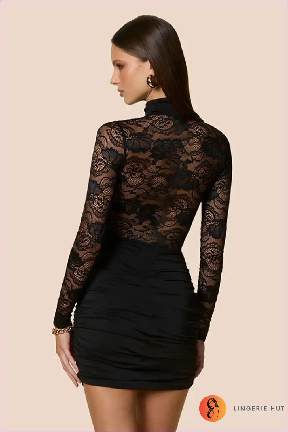 Lace Patchwork Mini Dress with Stand Collar and Ruched Detail for Date Night, Evening Wear, just In, Lace,