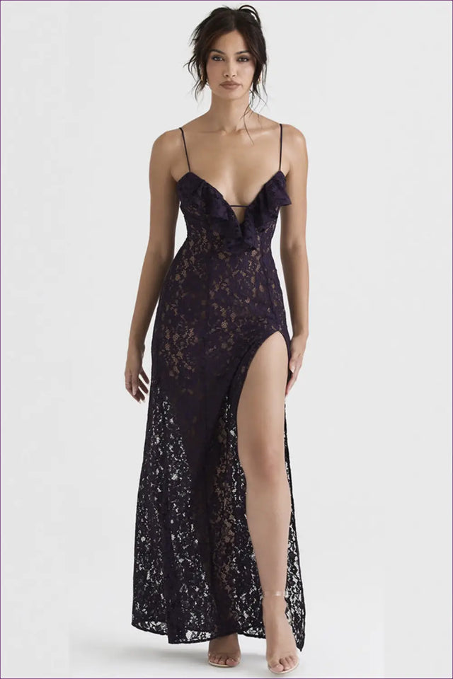 Lace Plunge Maxi Dress with High Slit - Evening Romance