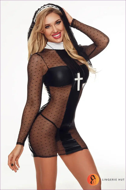 Lace and Pu Babydoll Nun Dress for Nightclub & Cosplay Babydoll, Clubwear, Costume, just In, Lace