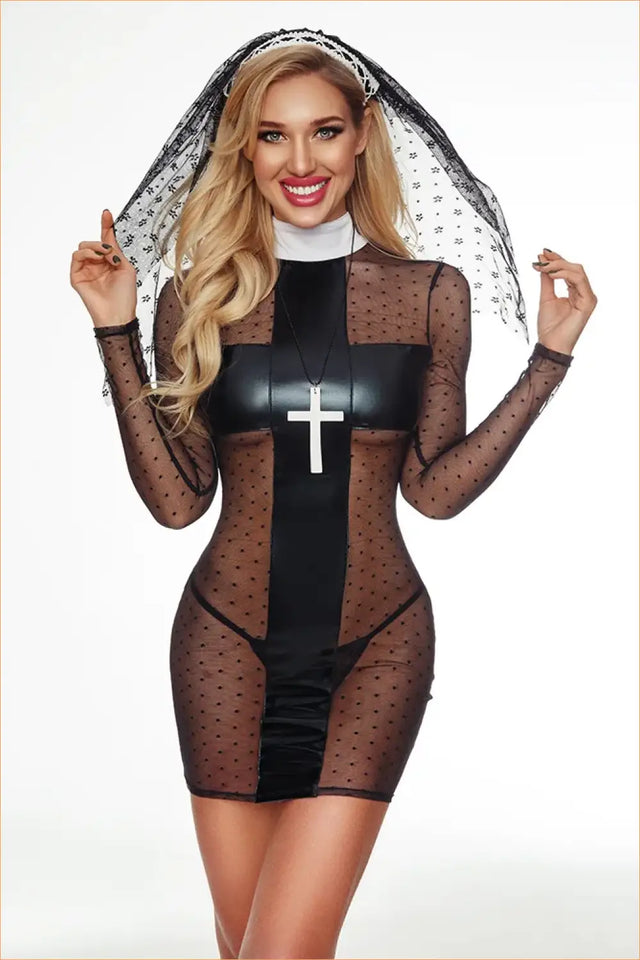 Nun Costume with Mesh and PU Contrast