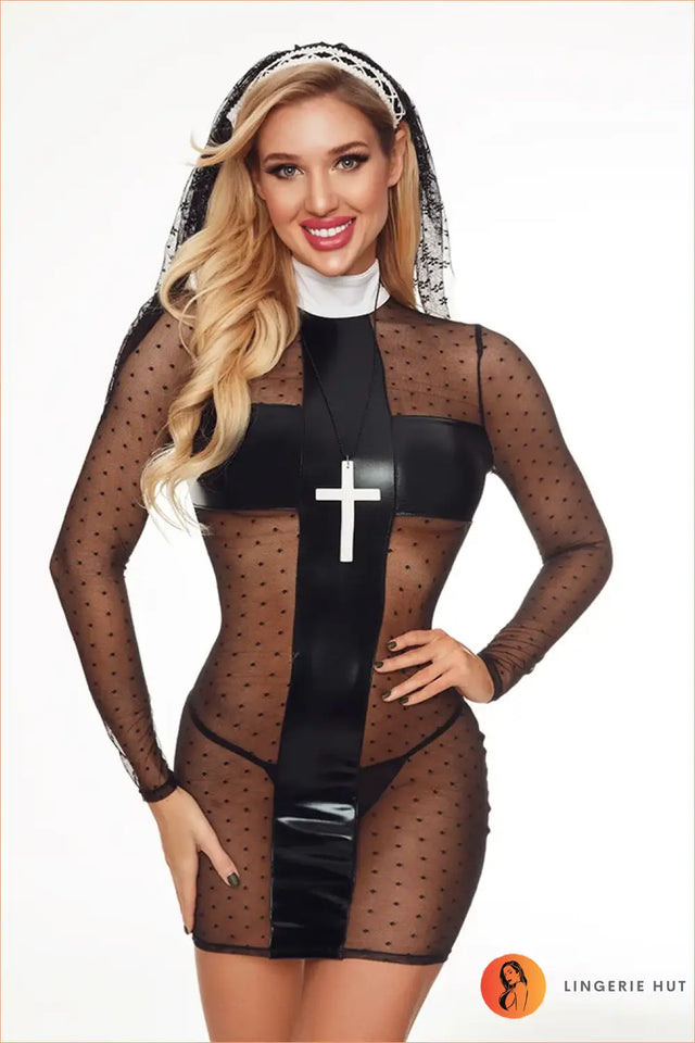 Nun Costume with Mesh and PU Contrast