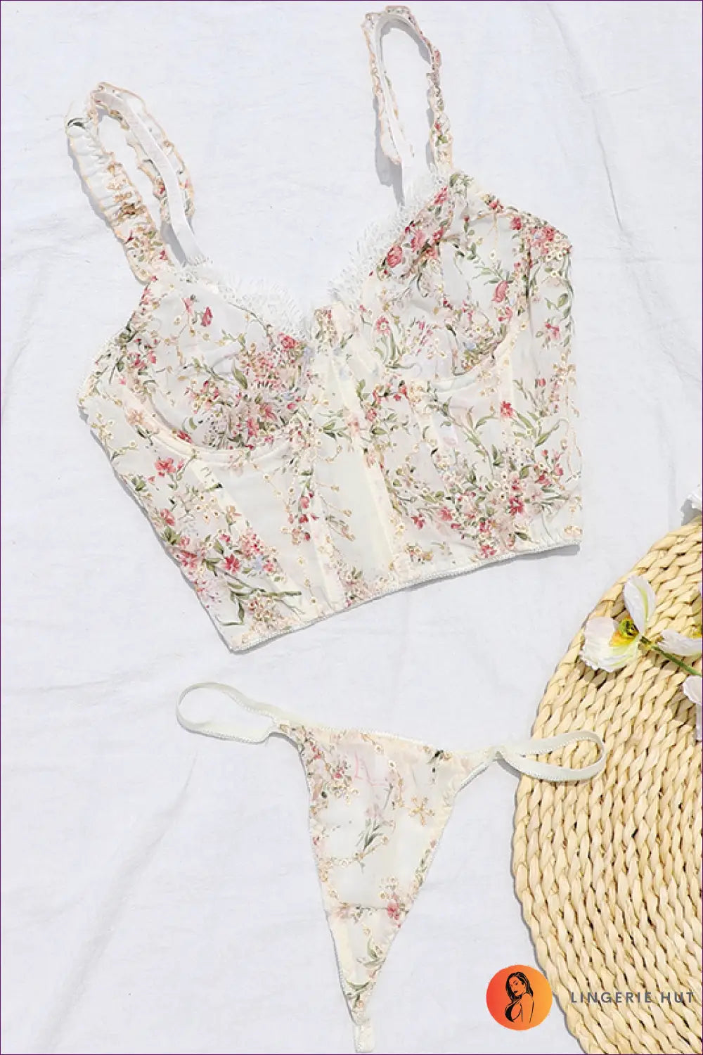 Lace Push-up Bra Set with Chiffon Detail - Bold but Wearable - s / Beige Suit - Lingerie - Hut - All Season • Boudoir