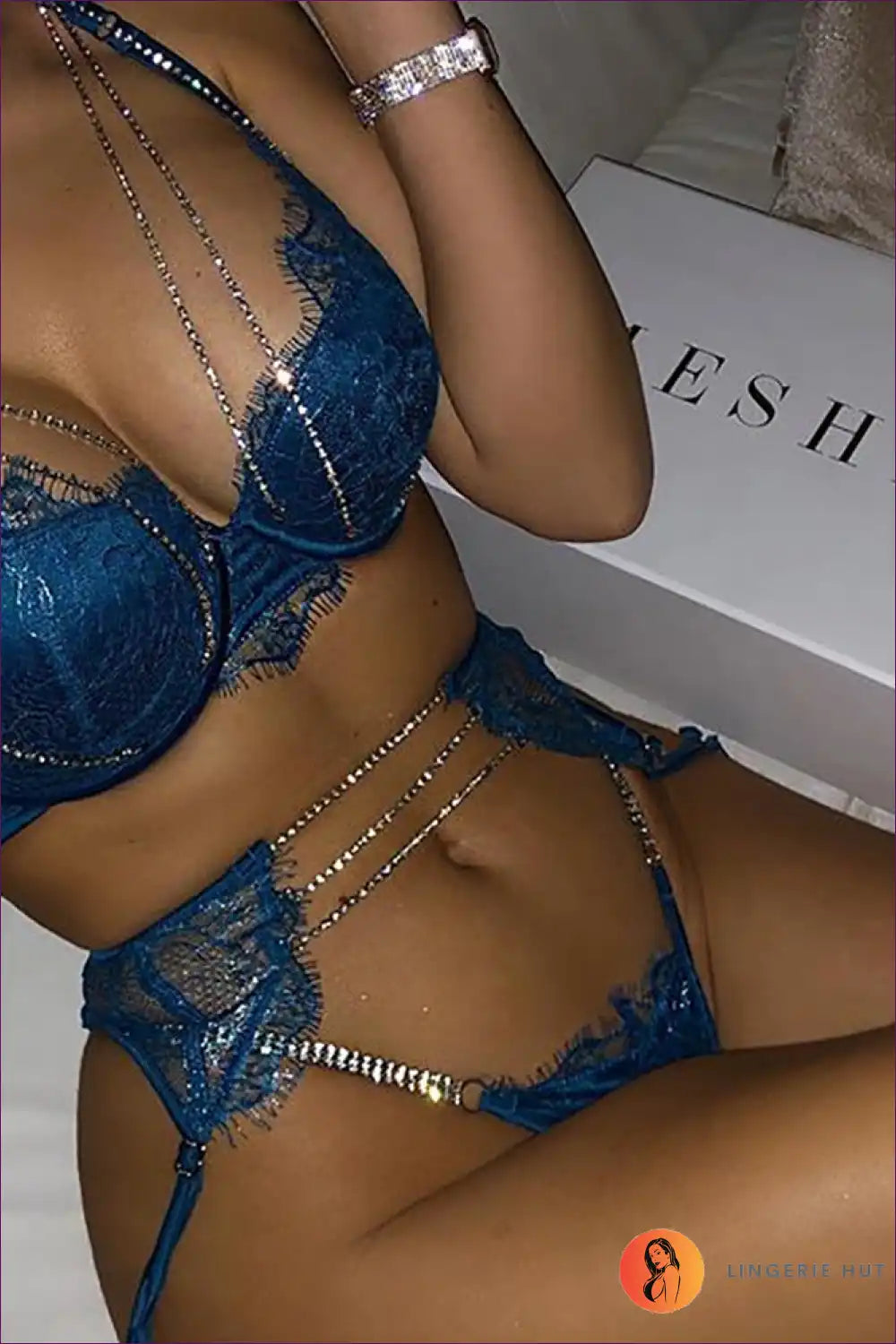 Lace Rhinestone Bra Set with Harness Detail - Luxe Statement Lingerie for Boudoir, Set, Glamour, just In, Lace