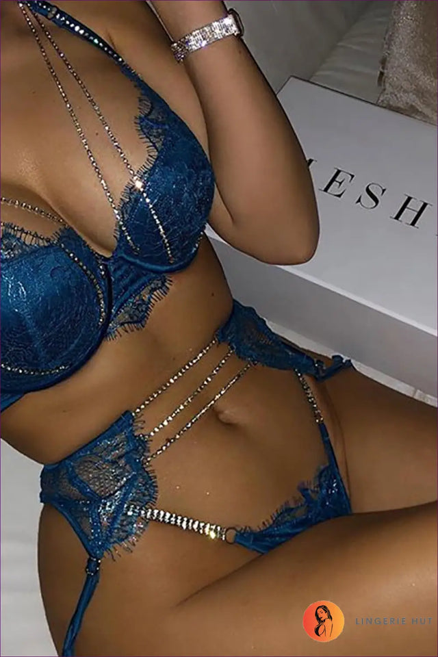 Lace Rhinestone Bra Set with Harness Detail - Luxe Statement Lingerie