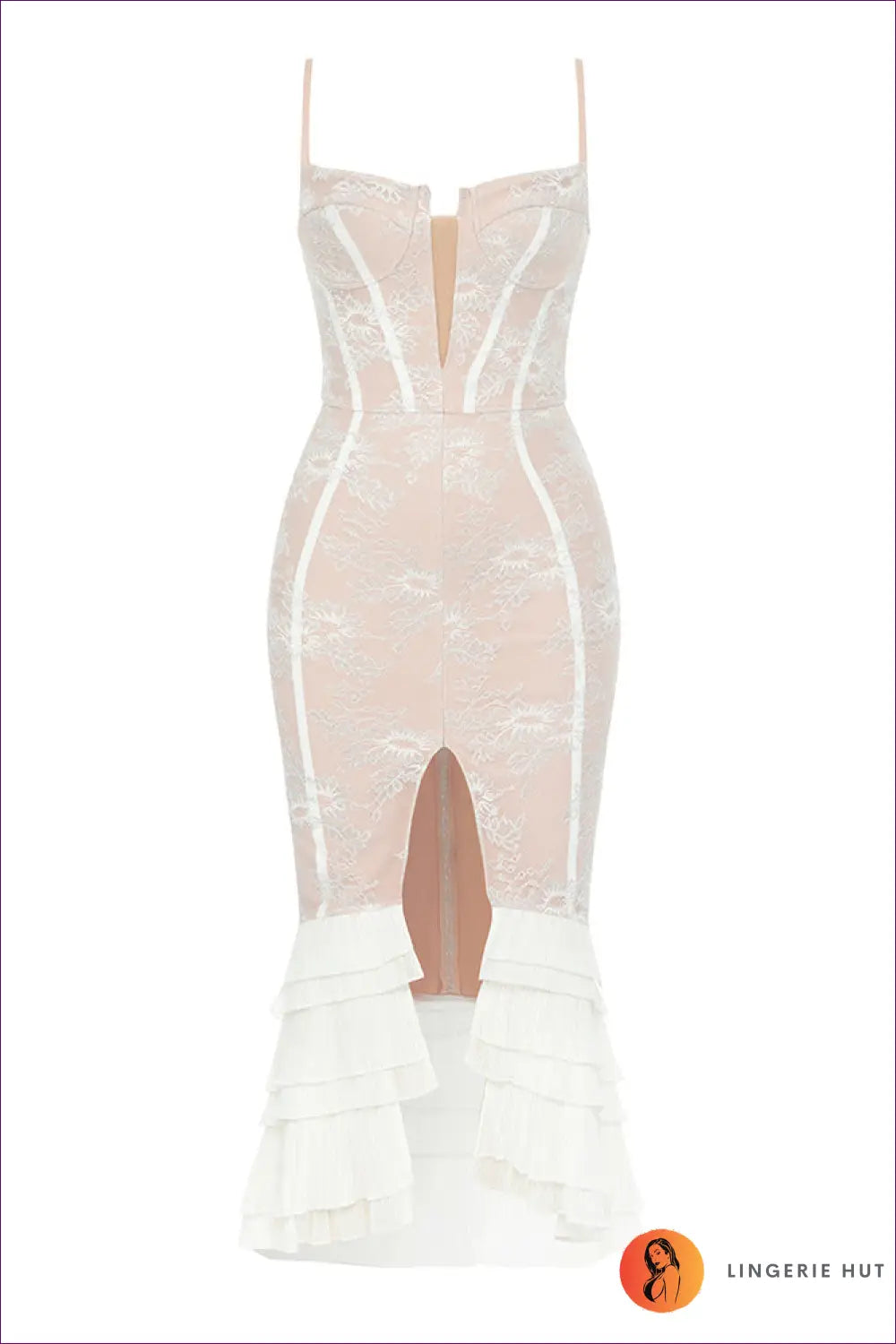 Lace Ruffled Midi Dress - Evening Glamour Statement - Xs / White - Dresses - Clothing • Cutout • Lace - Lingerie Hut