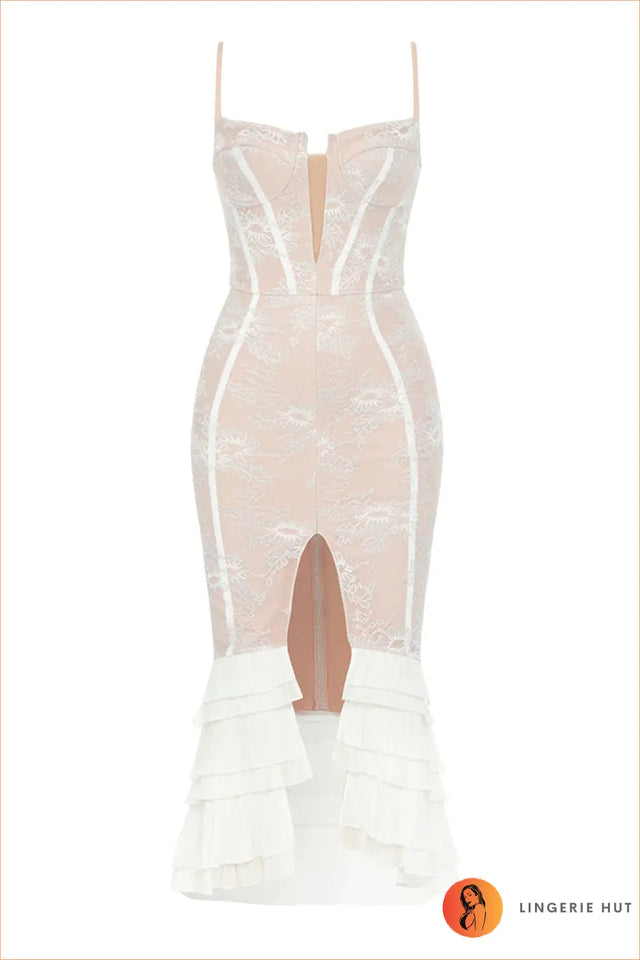 Lace Ruffled Midi Dress - Evening Glamour Statement