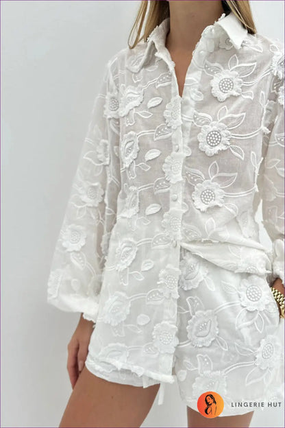 Lace Shirt & Shorts co Ord Set - Effortless Summer Glamour - Outfit Sets - Lingerie Hut - Beachwear • Floral • Honeymoon