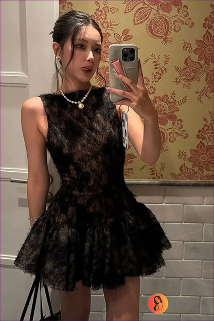 Lace Skater Mini Dress with 3d Floral Detail - Daytime Chic for A-line, Casual, Dresses, Floral,