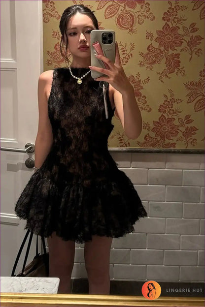 Lace Skater Mini Dress with 3d Floral Detail - Daytime Chic for A-line, Casual, Dresses, Floral,