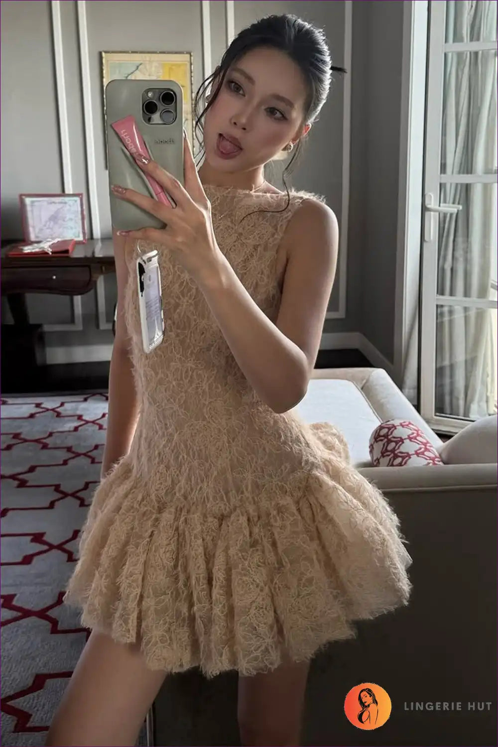 Lace Skater Mini Dress with 3d Floral Detail - Daytime Chic for A-line, Casual, Dresses, Floral,