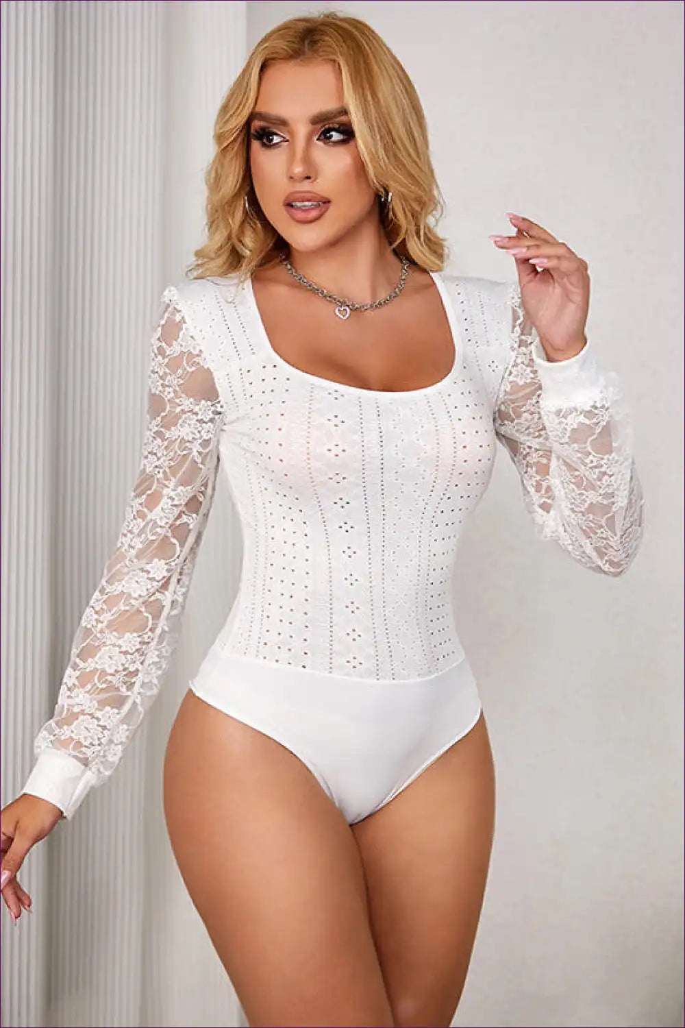 Lace Sleeve Bodysuit with Eyelet Detail - Elegant Everyday Layer for Autumn, Bodysuit, Casual, Everyday,