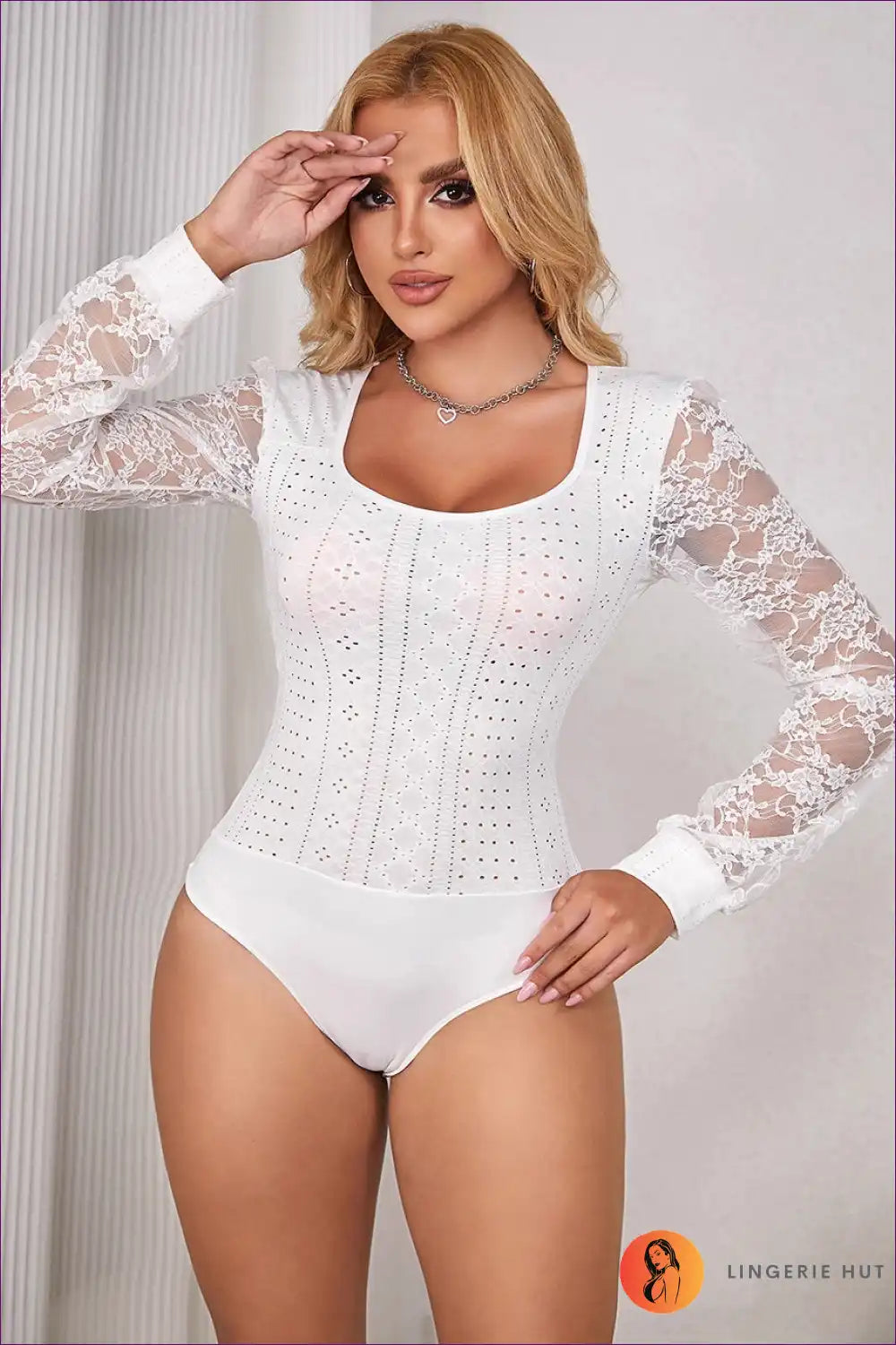 Lace Sleeve Bodysuit with Eyelet Detail - Elegant Everyday Layer for Autumn, Bodysuit, Casual, Everyday,